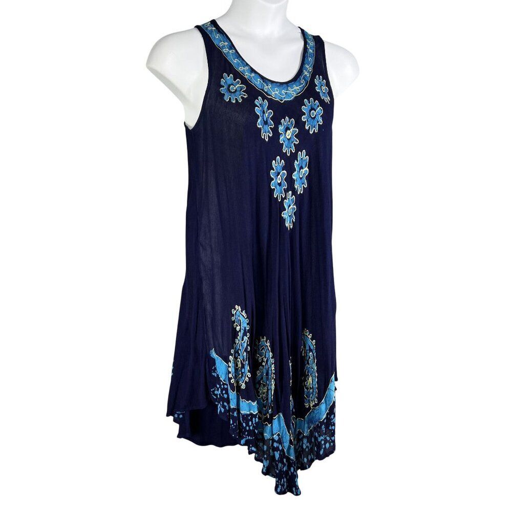 Gypsie Blu Boho Womens OSFM Blue Gauze Tank Tunic Dress Floral Handkerchief Hem - Picture 3 of 13